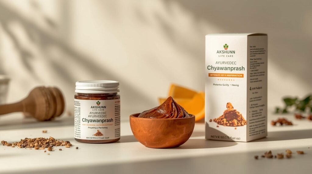 create an image of ayurvedic chawanprash with and with out packing for akshunn life care (1)