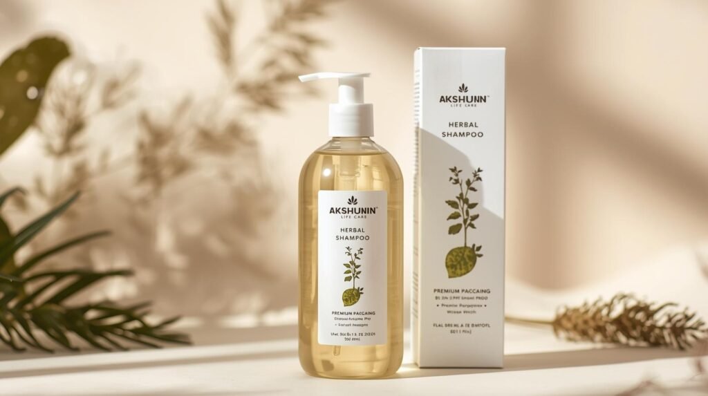 create image of herbal shampoo with and with out premium packing manufactured by akshunn life care (1)