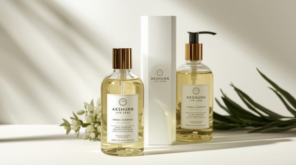 create image of herbal shampoo with and with out premium packing manufactured by akshunn life care