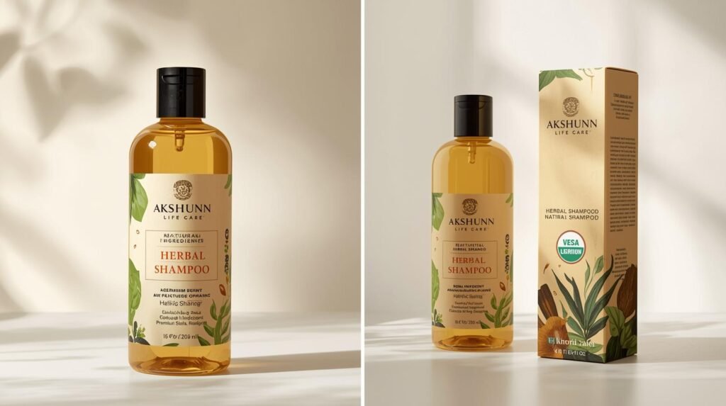 create image of herbal shampoo with and with out premium packing manufactured by akshunn life care (3)